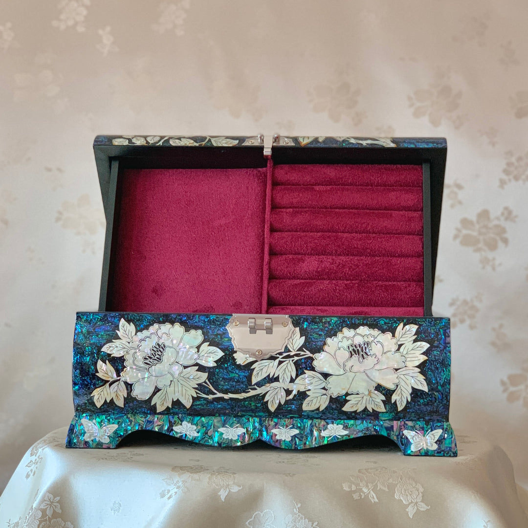 Mother of Pearl Curved Side Jewelry Box with Peony Pattern Big Size (대형 자개 목단문 굴림 보관함)