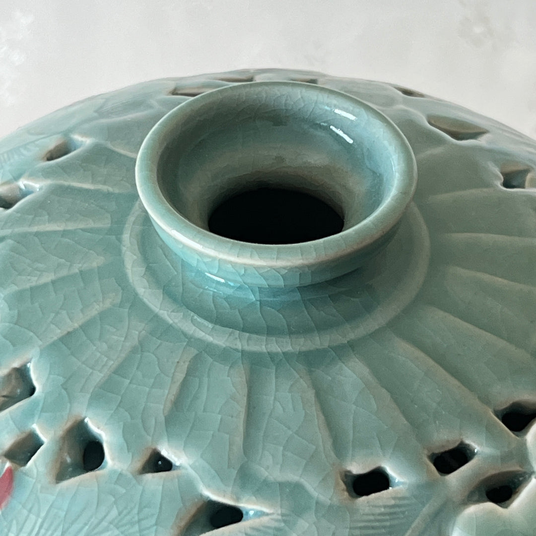 Celadon Double-Walled Openwork Vase: Sgraffito (Bakji) with Peony Motif
