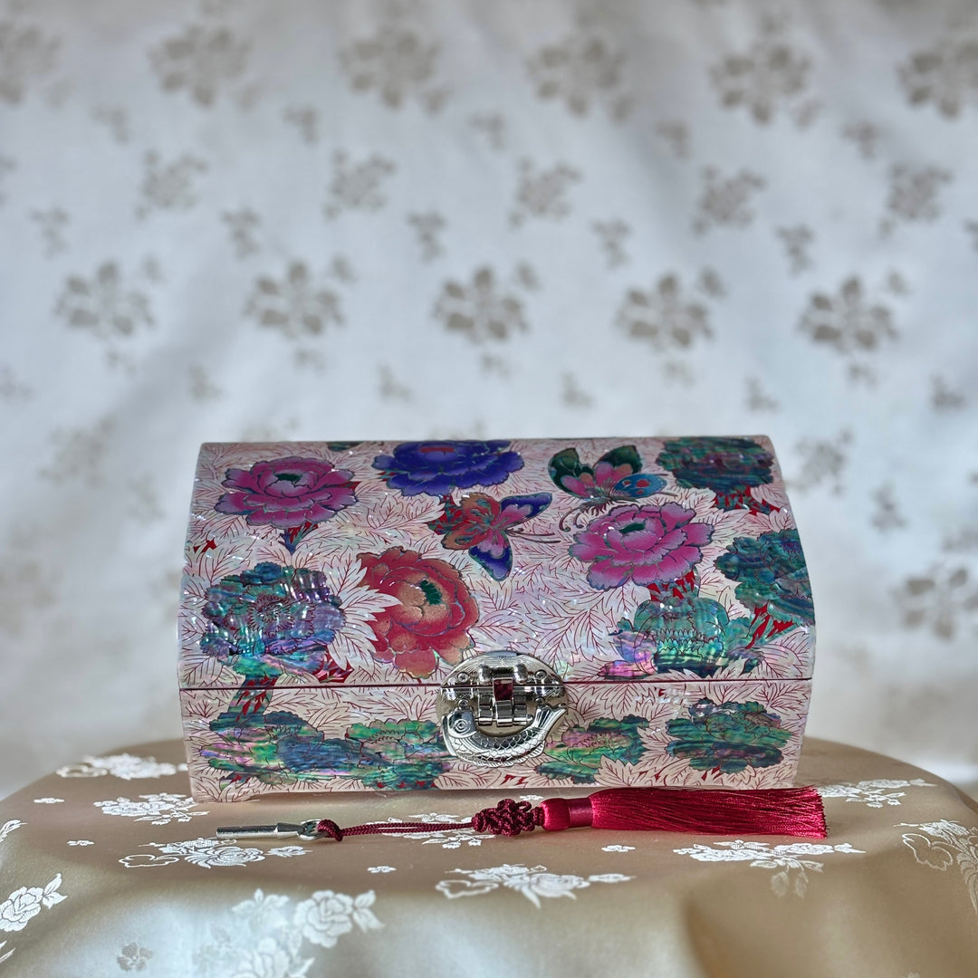 Mother of Pearl Jewelry Box: Butterfly and Peony Motif on Red Ground