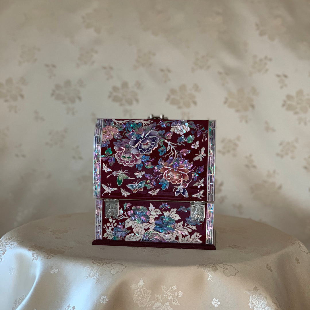 Mother of Pearl Handmade Wine Color Jewelry Box with Butterfly and Peony Pattern and Drawer (자개 호접 목단문 설합 보석함)