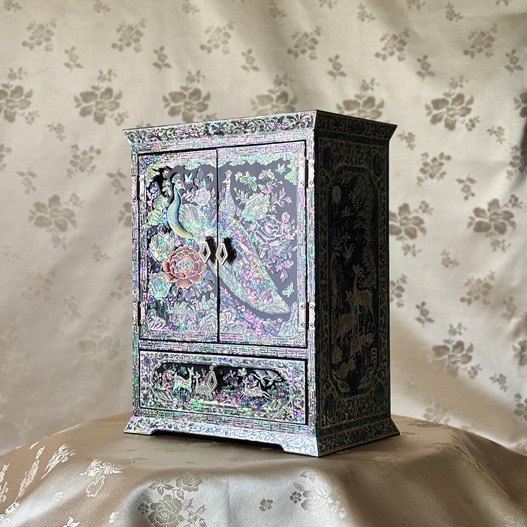 Mother-of-Pearl Double-Doored Jewelry Chest: Grand Scale, Longevity Motif on Black Ground