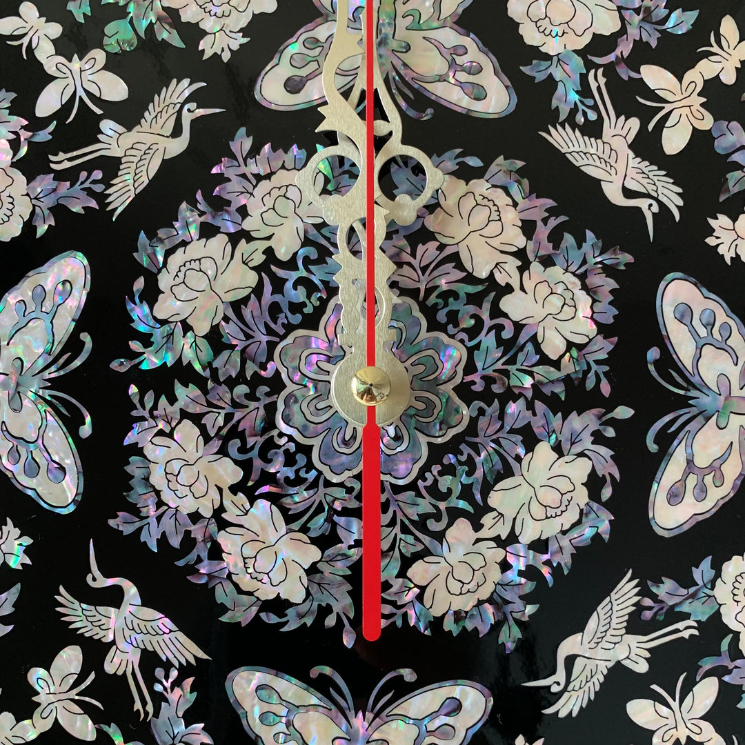 Mother of Pearl Wall Clock with Butterfly and Crane Pattern (자개 호접문 벽걸이 시계)