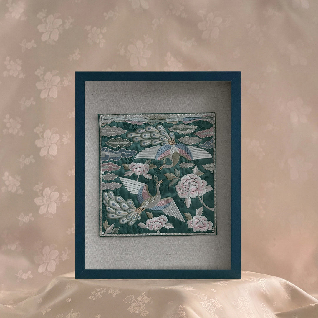 Embroidered Art Panel: Double Peacock and Peony Motif on Green Ground