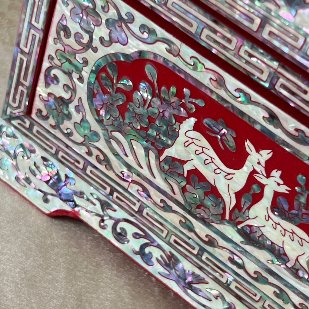 Mother-of-Pearl Double-Doored Jewelry Chest: Grand Scale, Longevity Motif on Red Ground
