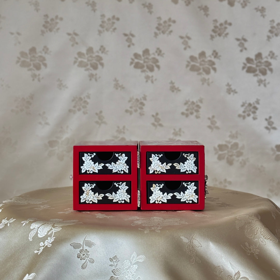 Mother-of-Pearl Double Jewelry Chest: Vivid Red Surface with Butterfly and Vine Motif