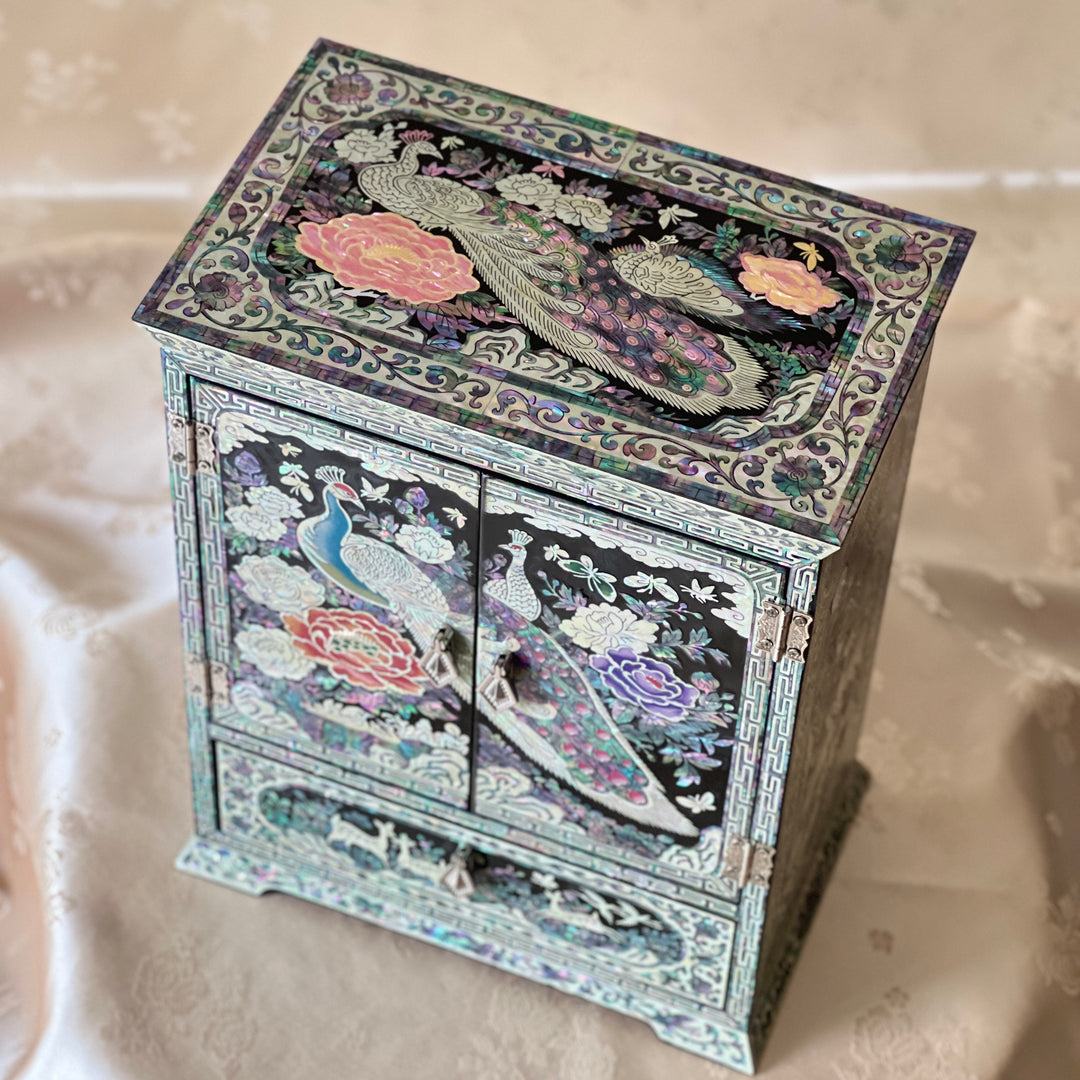 Mother-of-Pearl Double-Doored Jewelry Chest: Grand Scale, Longevity Motif on Black Ground