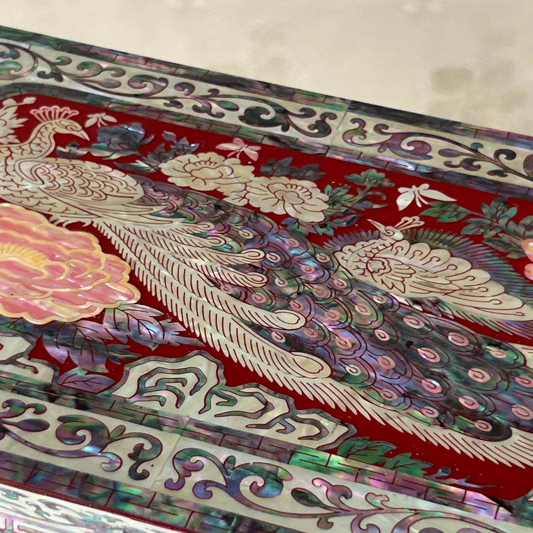 Mother-of-Pearl Double-Doored Jewelry Chest: Grand Scale, Longevity Motif on Red Ground