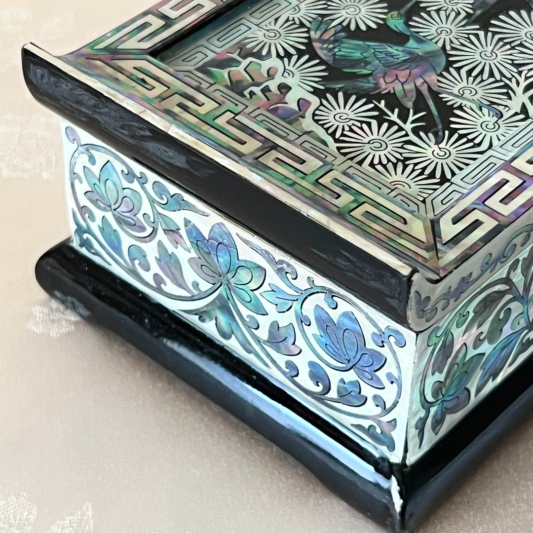 Mother-of-Pearl Lidded Box: Scholar’s Desk-Inspired Form with Crane and Pine Motif