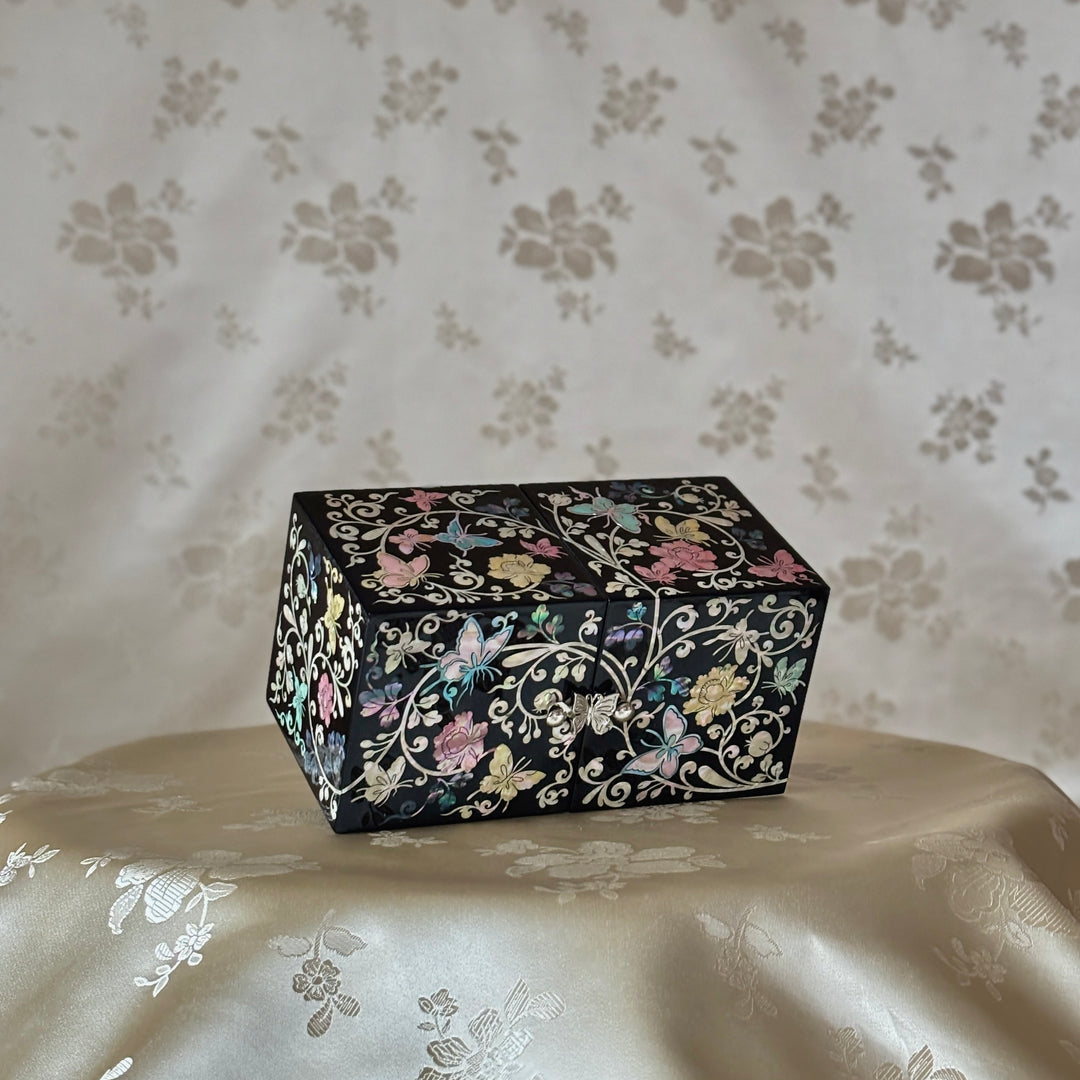 Mother-of-Pearl Double Jewelry Chest: Deep Black Finish with Butterfly and Vine Motif