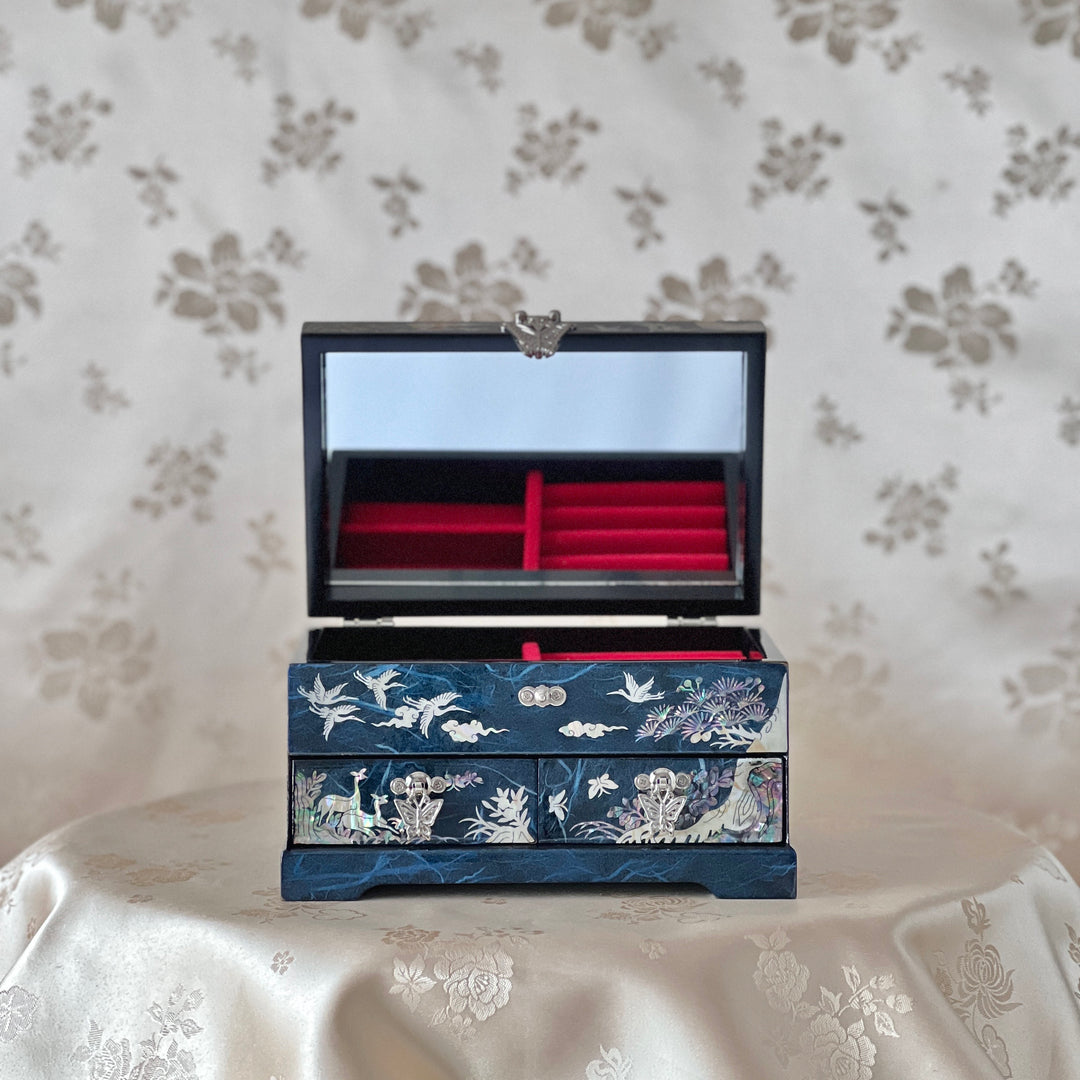Mother of Pearl Navy Paper Layered Jewelry Box with Crane and Pine Tree Pattern(자개 송학문 한지 설합 보석함)