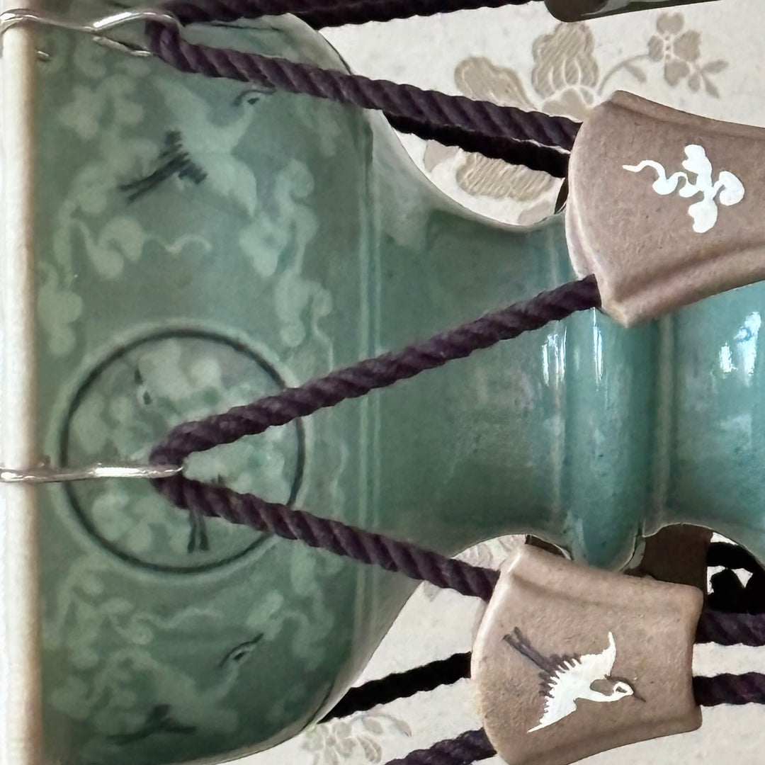 Celadon Display Janggu Drum (Large): Inlaid Crane and Cloud Motif by Master Artisan