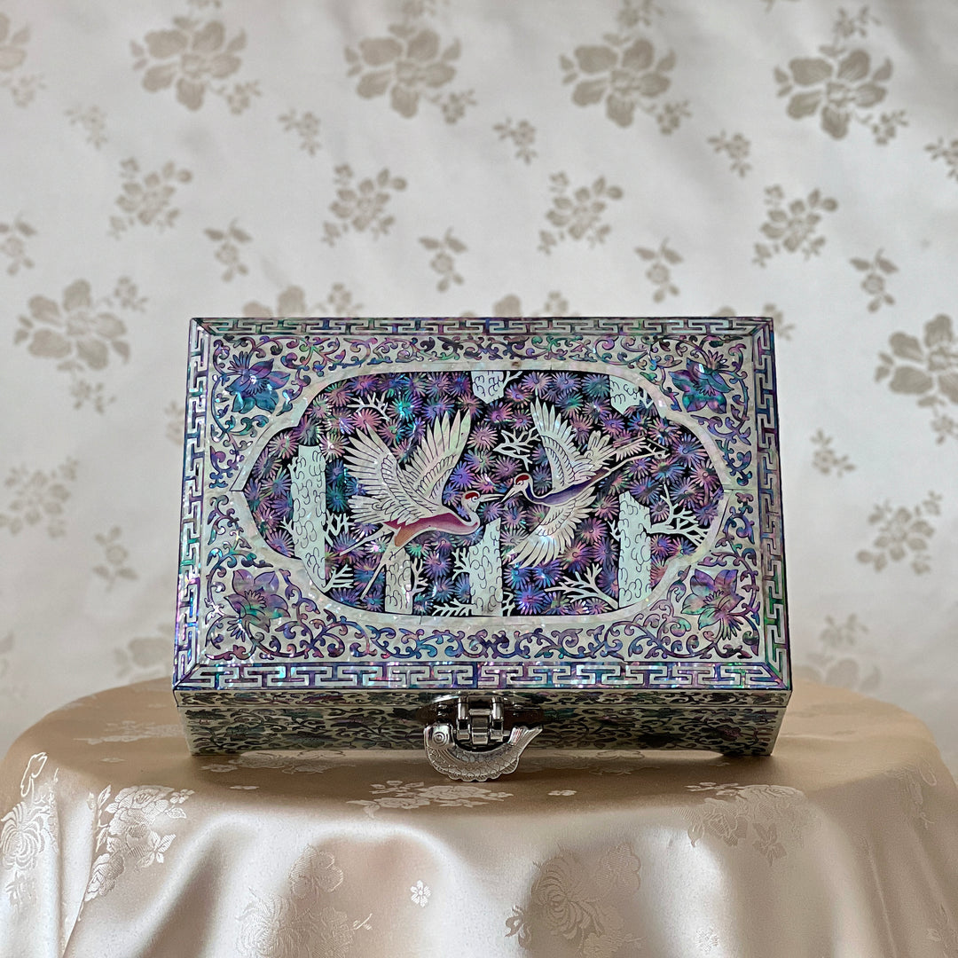 Mother-of-Pearl Jewelry Box: Paired Cranes in a Pine Grove