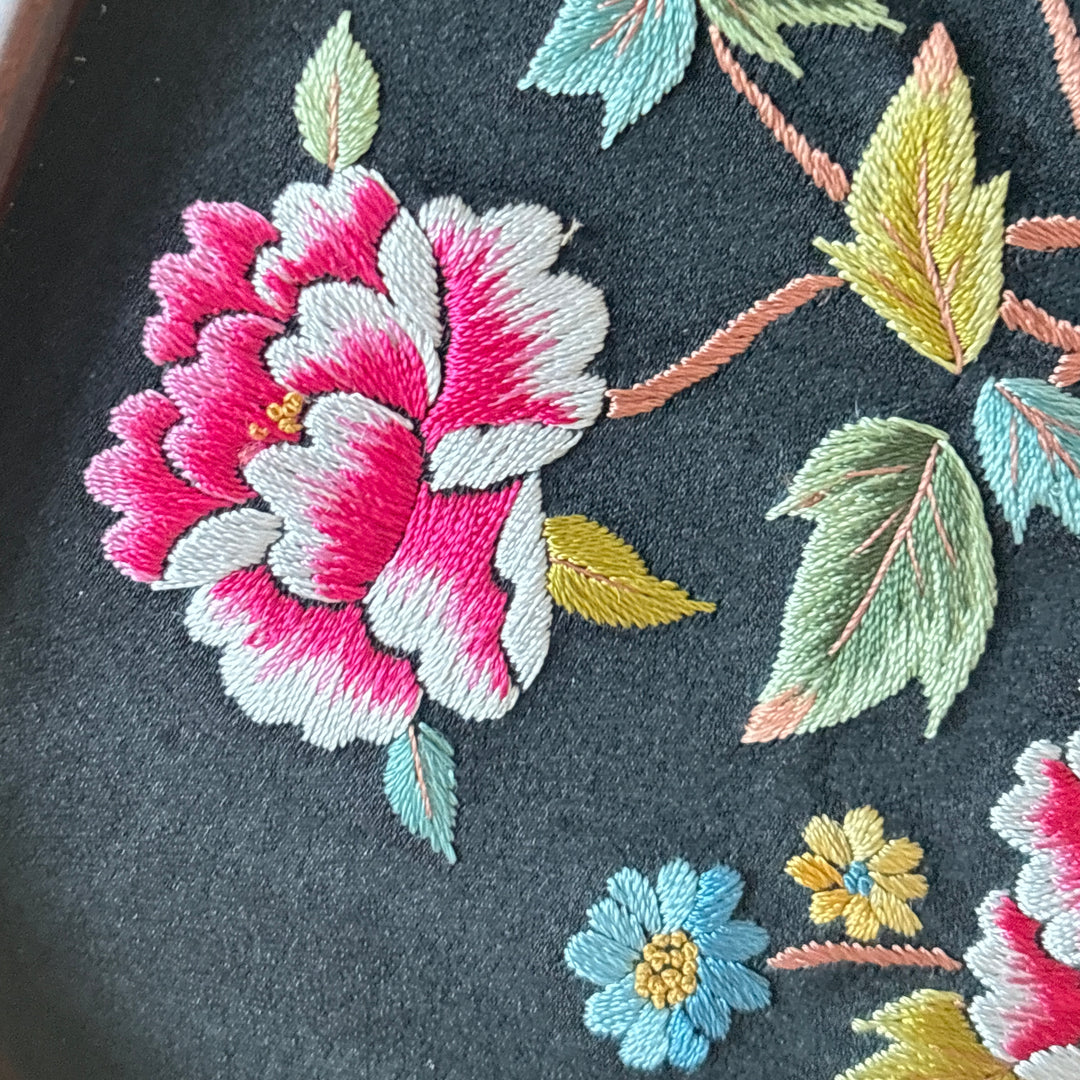 Embroidered Hand Mirror: Large, Octagonal Shape, Peony Garden Motif