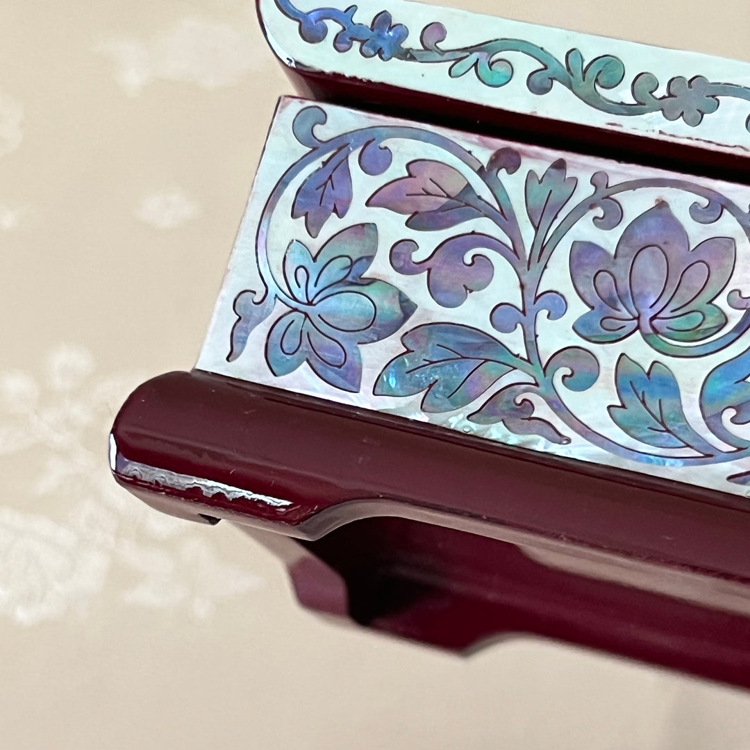 Mother-of-Pearl Lidded Box: Scholar’s Desk-Inspired Form with Crane and Pine Motif, Wine Ground