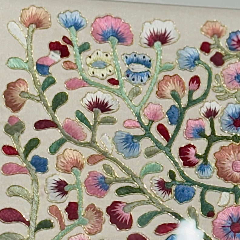 Embroidered Art Panel: Scrolling Vine (Dangcho) and Peony Motif on Beige Silk