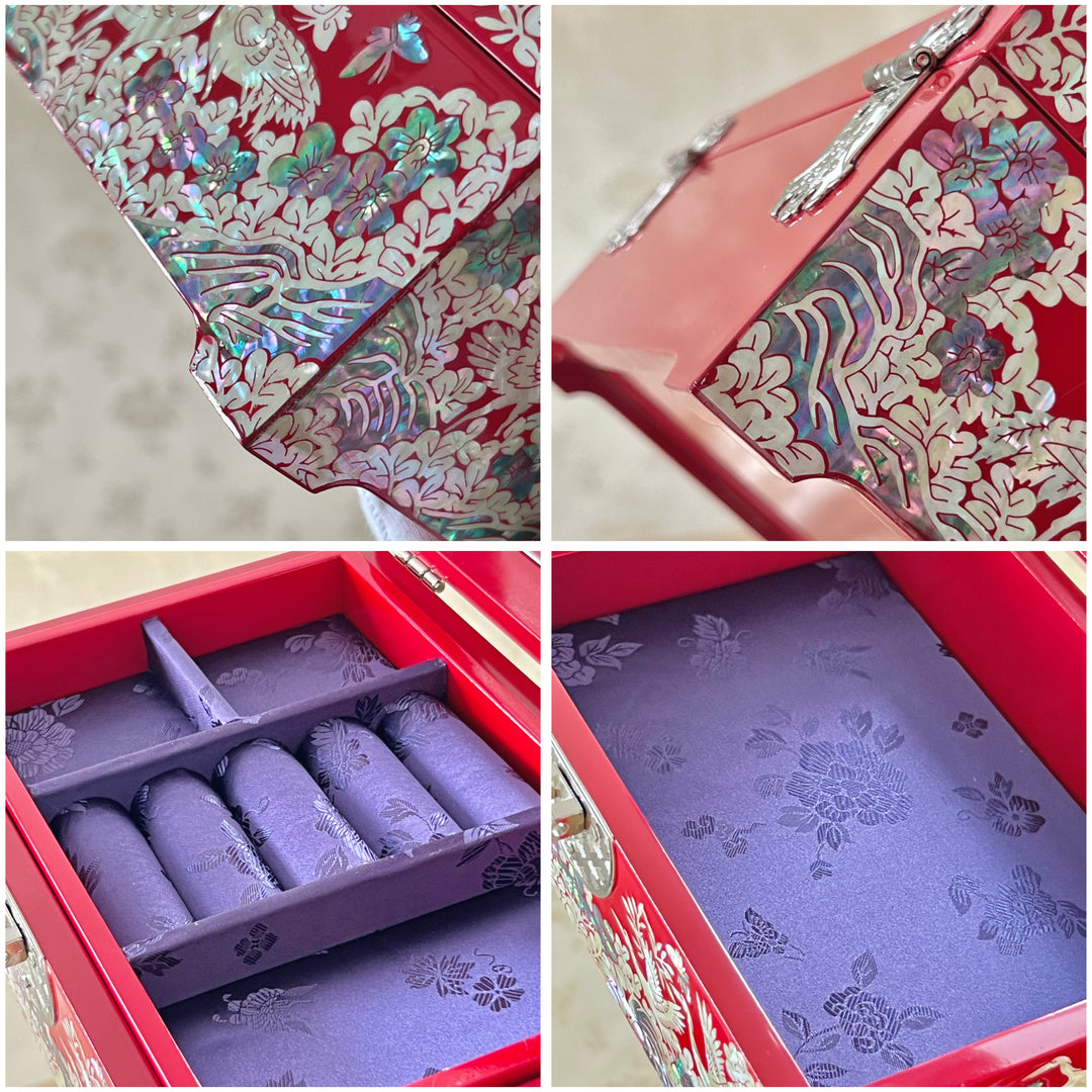 Mother of Pearl Handmade Red Wooden Jewelry Box with Pine and Crane Pattern (자개 송학문 보석함)