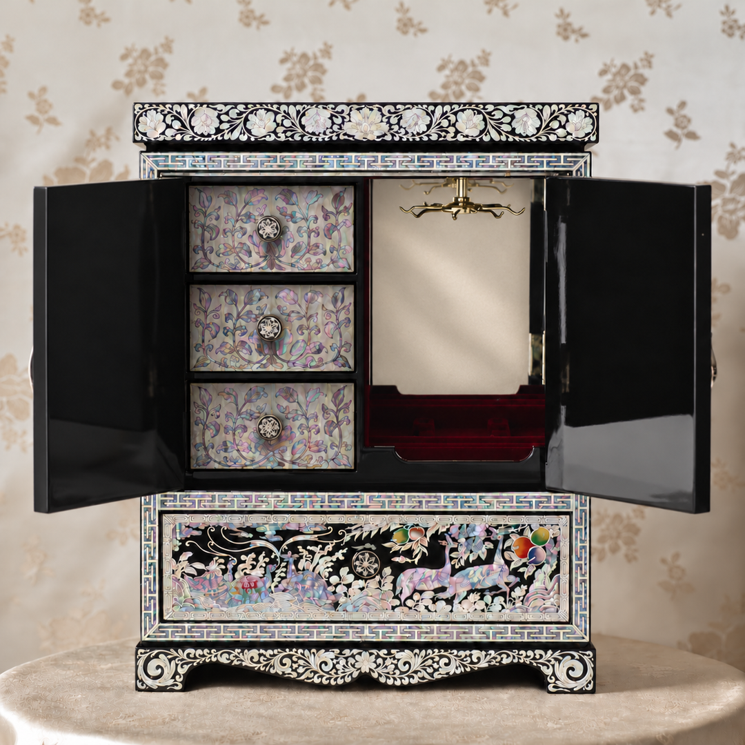 Mother-of-Pearl Double-Doored Jewelry Chest: Grand scale, Ten Symbols of Longevity Motif