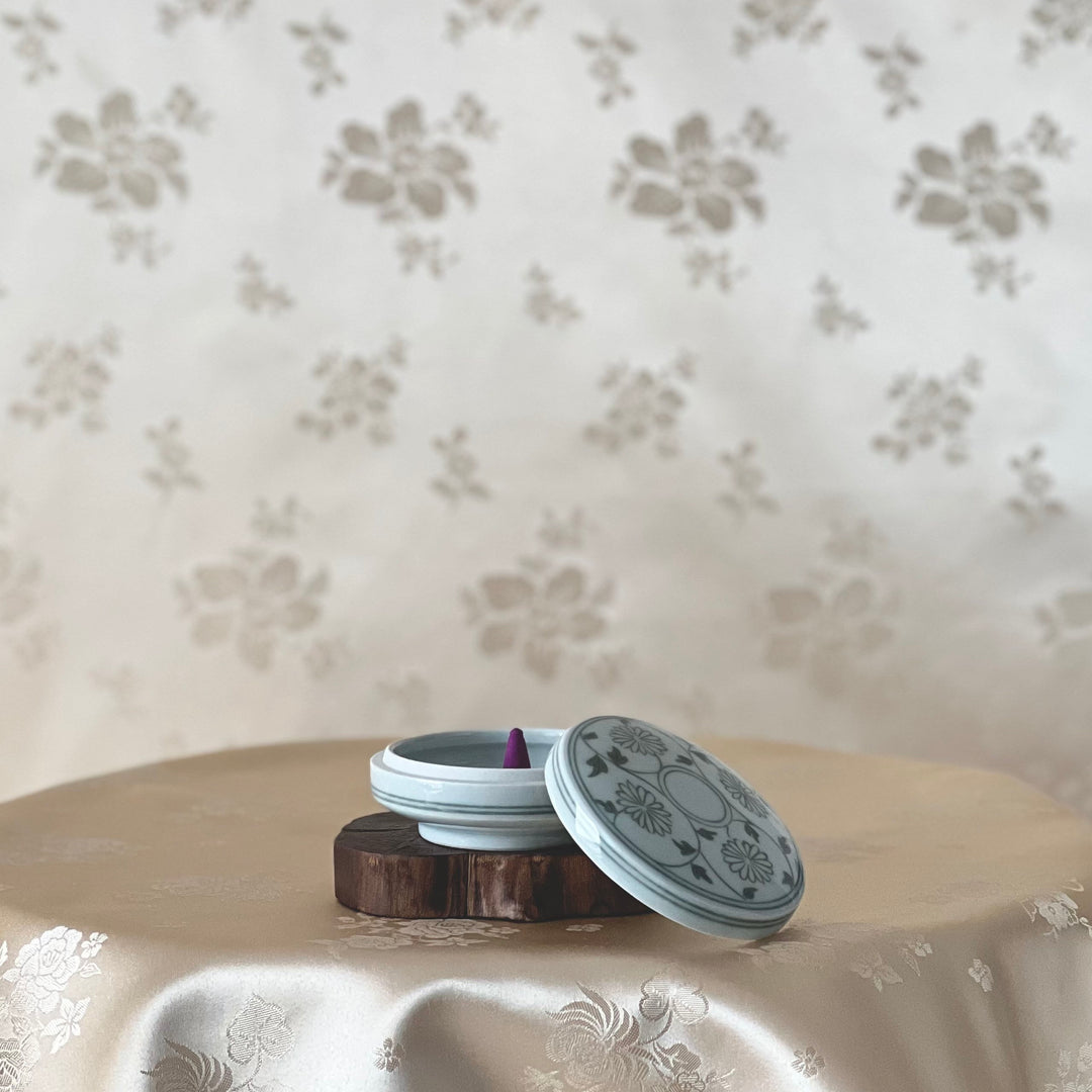 White Porcelain Covered Box: Inlaid Chrysanthemum and Scrolling Vine Motif by Master Artisan