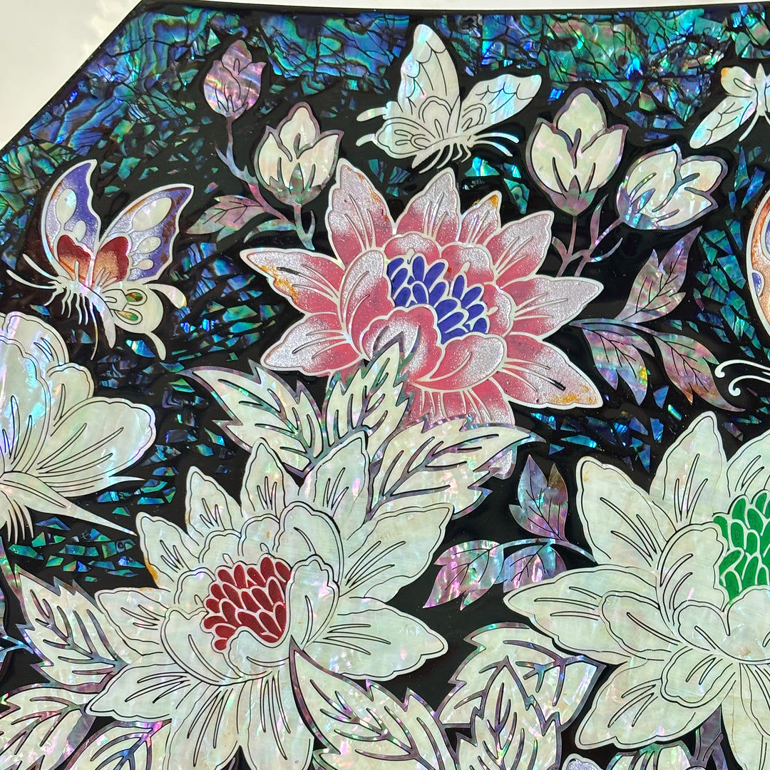 Mother of Pearl Octagonal Decorative Plate: Peony Motif on Abalone