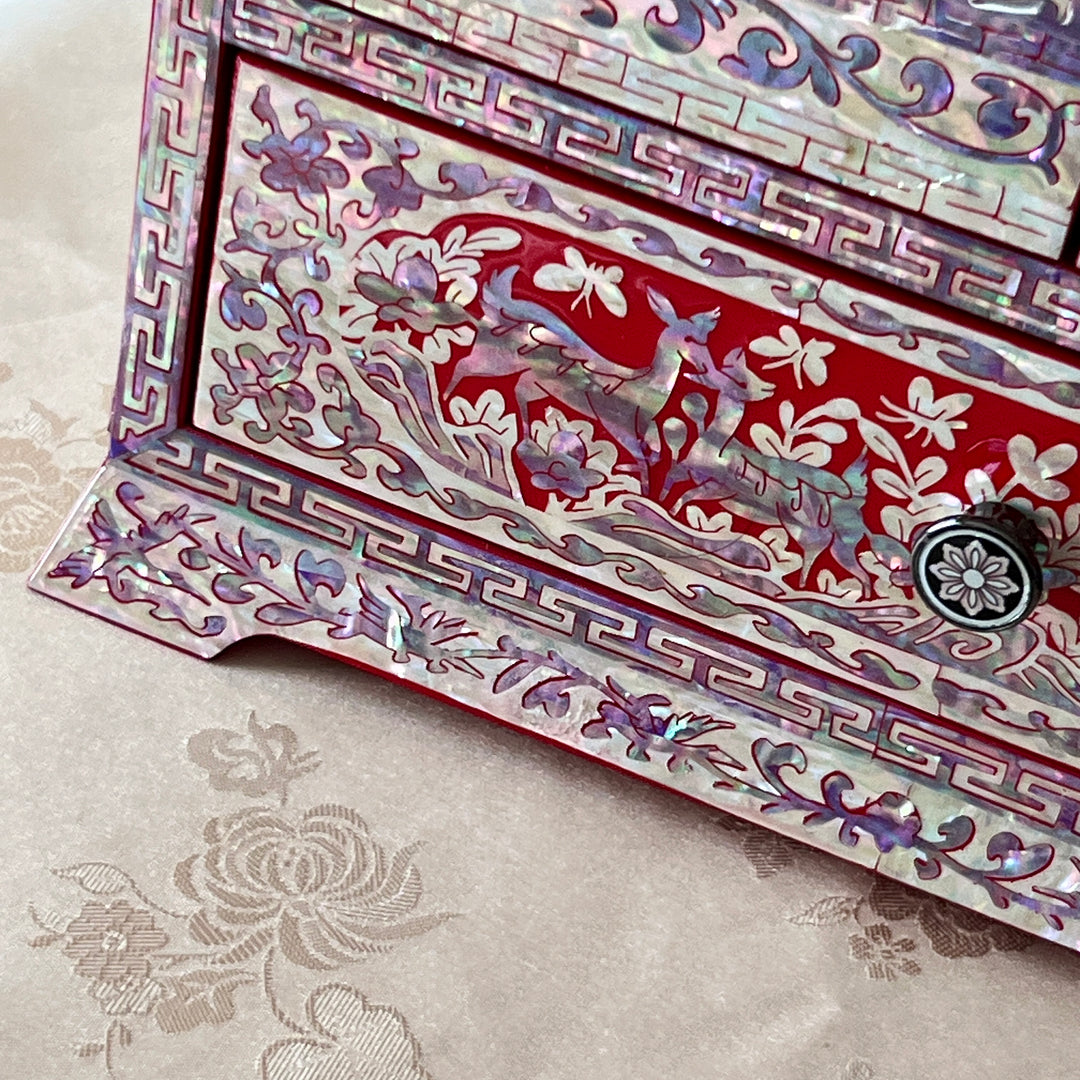 Mother-of-Pearl Double-Door Jewelry Chest: Longevity Motif, Red Ground