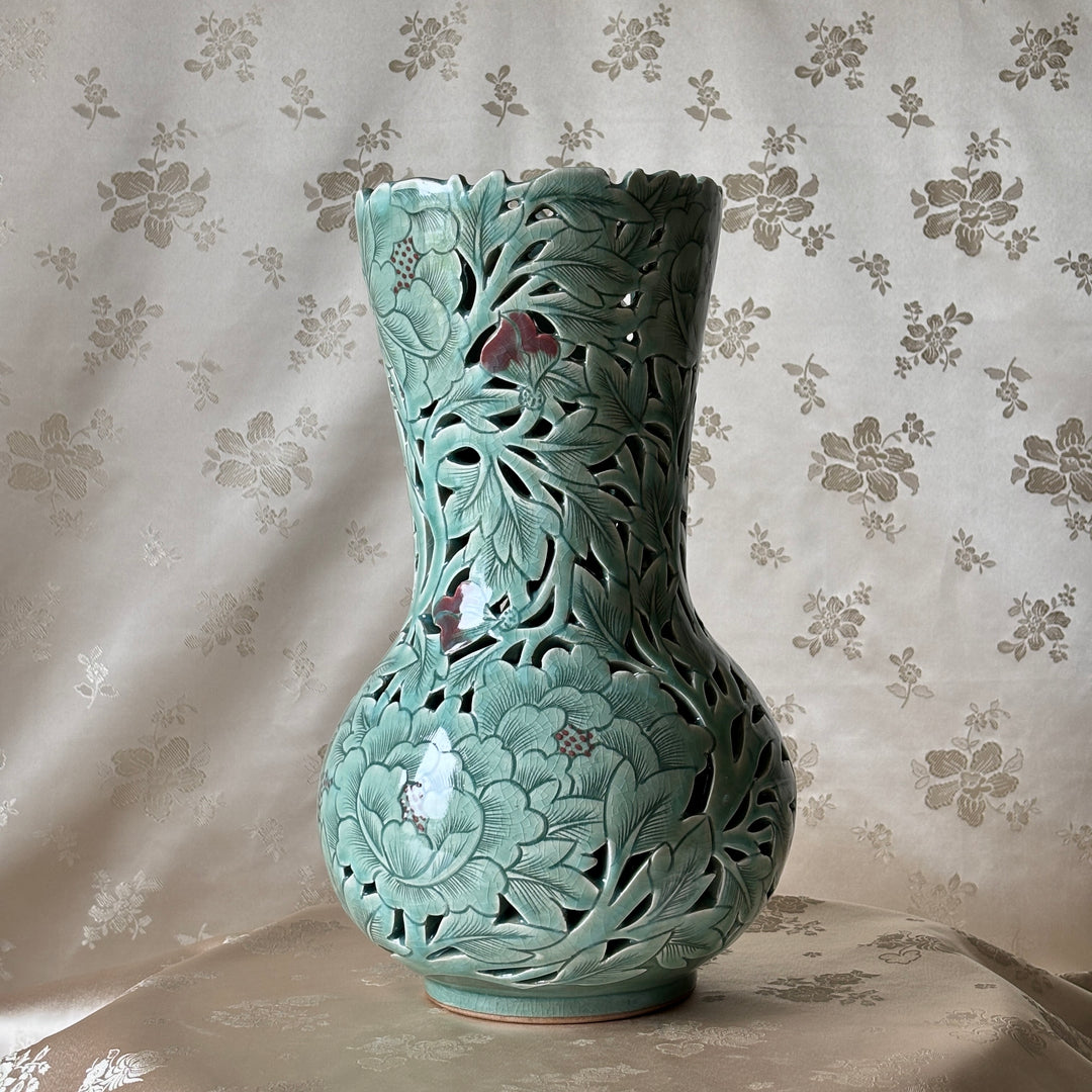 Grand-Scale Celadon Openwork Long Vase: White Slip Sgraffito (Bakji) with Peony Motif