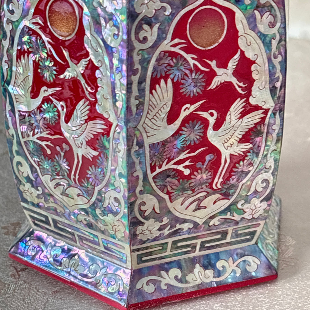 Mother of Pearl Jewelry Chest Set: Matching Pencil Holder with Pine and Crane Motif