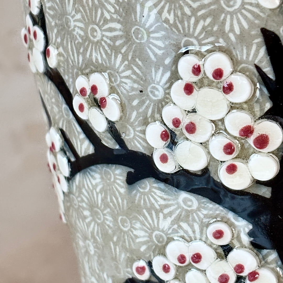 Buncheong Maebyeong and Jubyeong Vase Set: Stamped Chrysanthemum Ground with Plum Blossom Motif