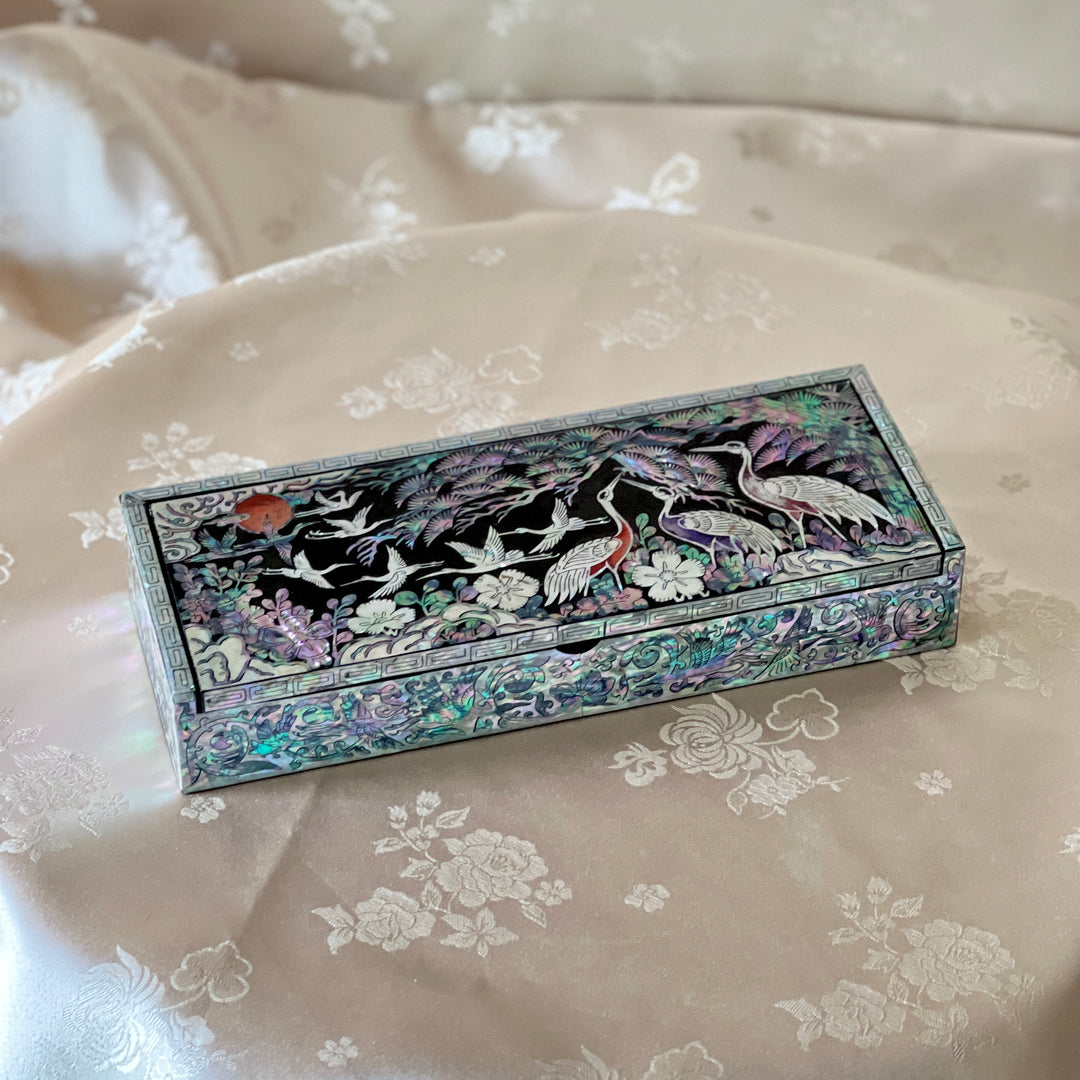 Mother-of-Pearl Stationary Box: Crane and Pine Tree Motif