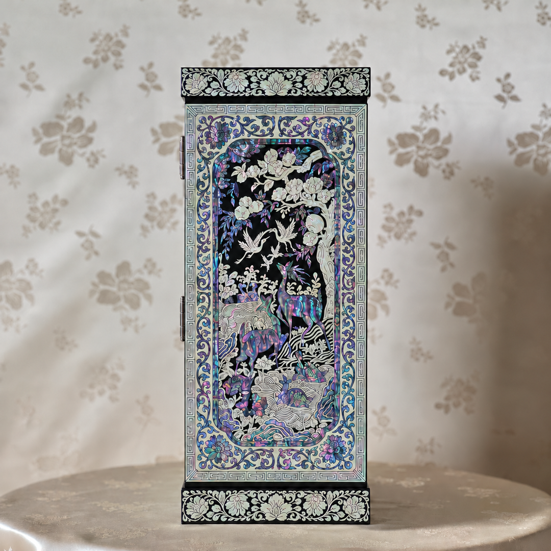 Mother-of-Pearl Double-Doored Jewelry Chest: Grand scale, Ten Symbols of Longevity Motif