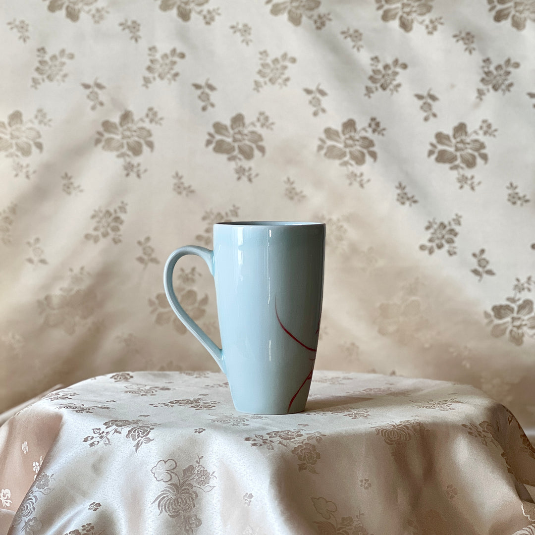 Back view of a Korean white porcelain mug showing the plain white surface and handle