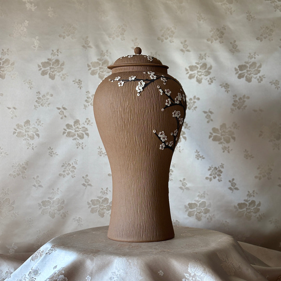 Unglazed Ceramic Maebyeong Jar with Lid: Inlaid Plum Blossom Branches