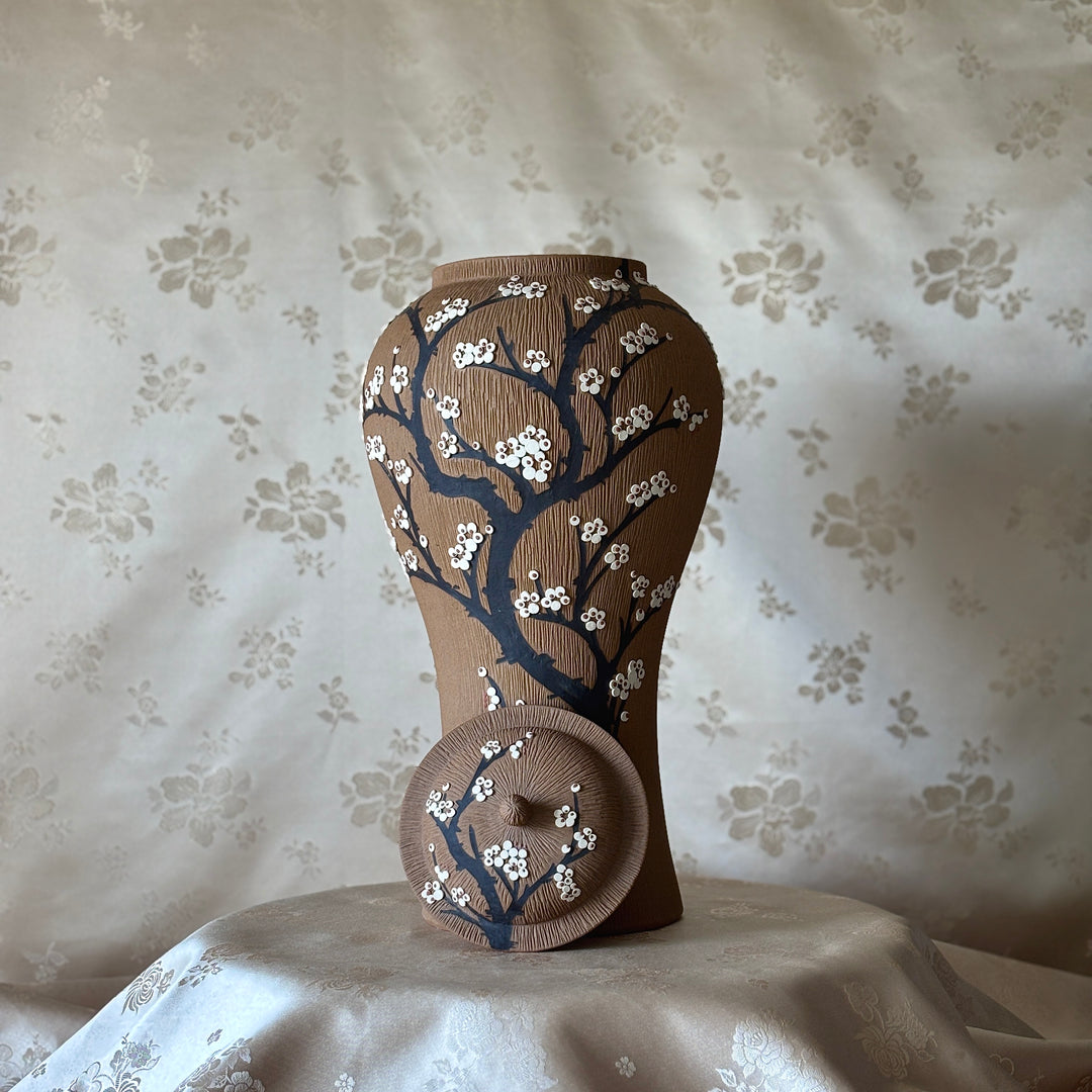 Unglazed Ceramic Maebyeong Jar with Lid: Inlaid Plum Blossom Branches