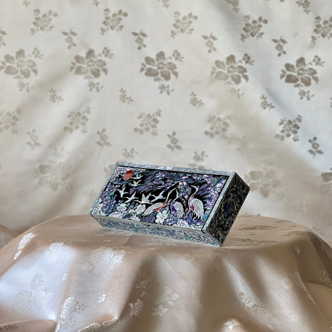 Mother-of-Pearl Stationary Box: Crane and Pine Tree Motif