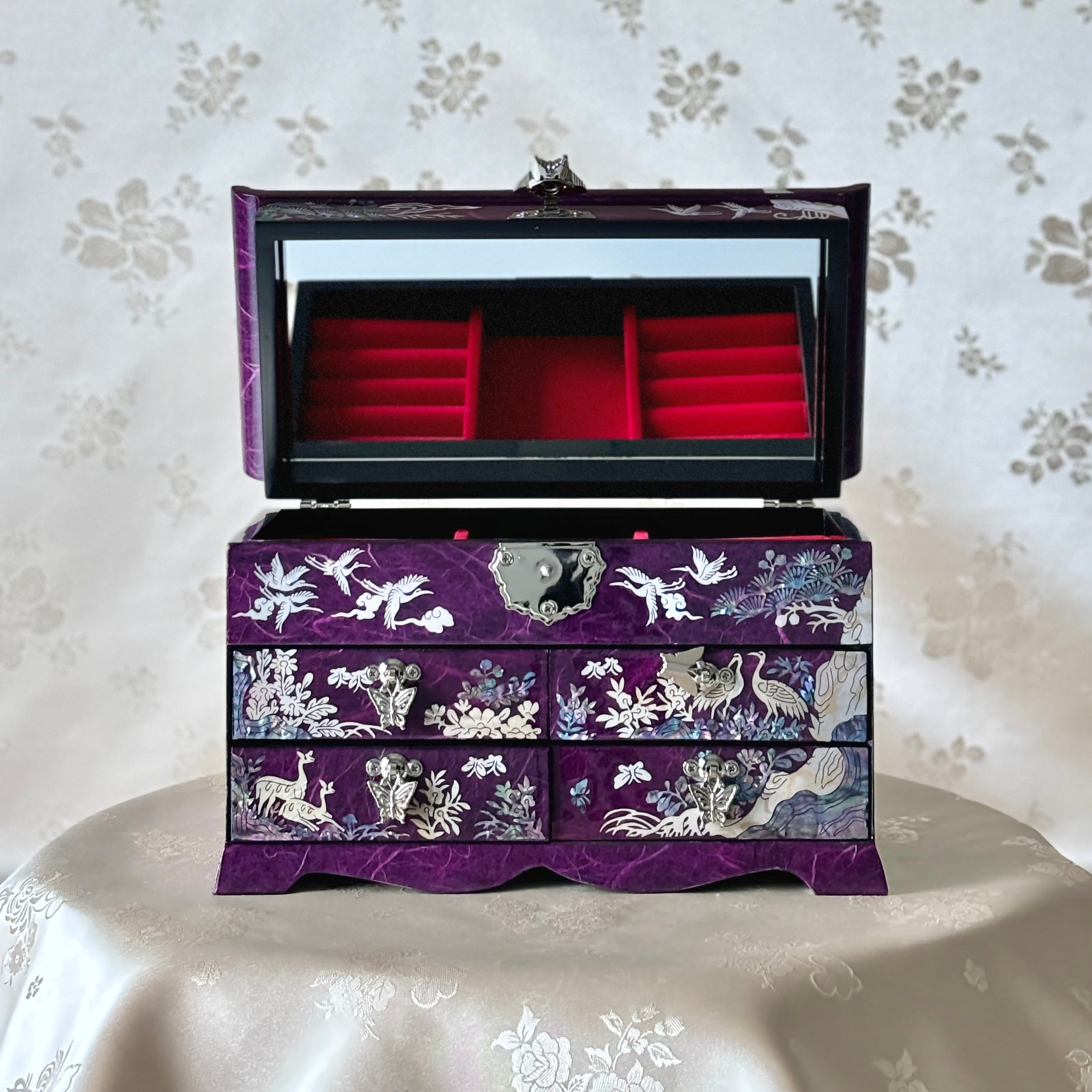壬戌 Elegant Korean Mother of Pearl Jewelry Box with Purple Hanji
