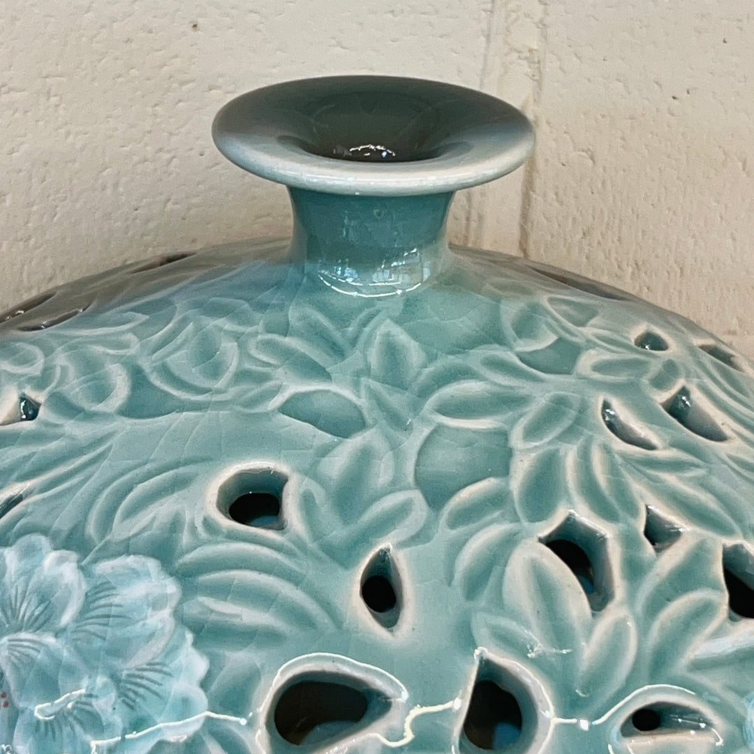 Celadon Vase: Double-Wall Openwork Design with Peony Motif by Master Artisan