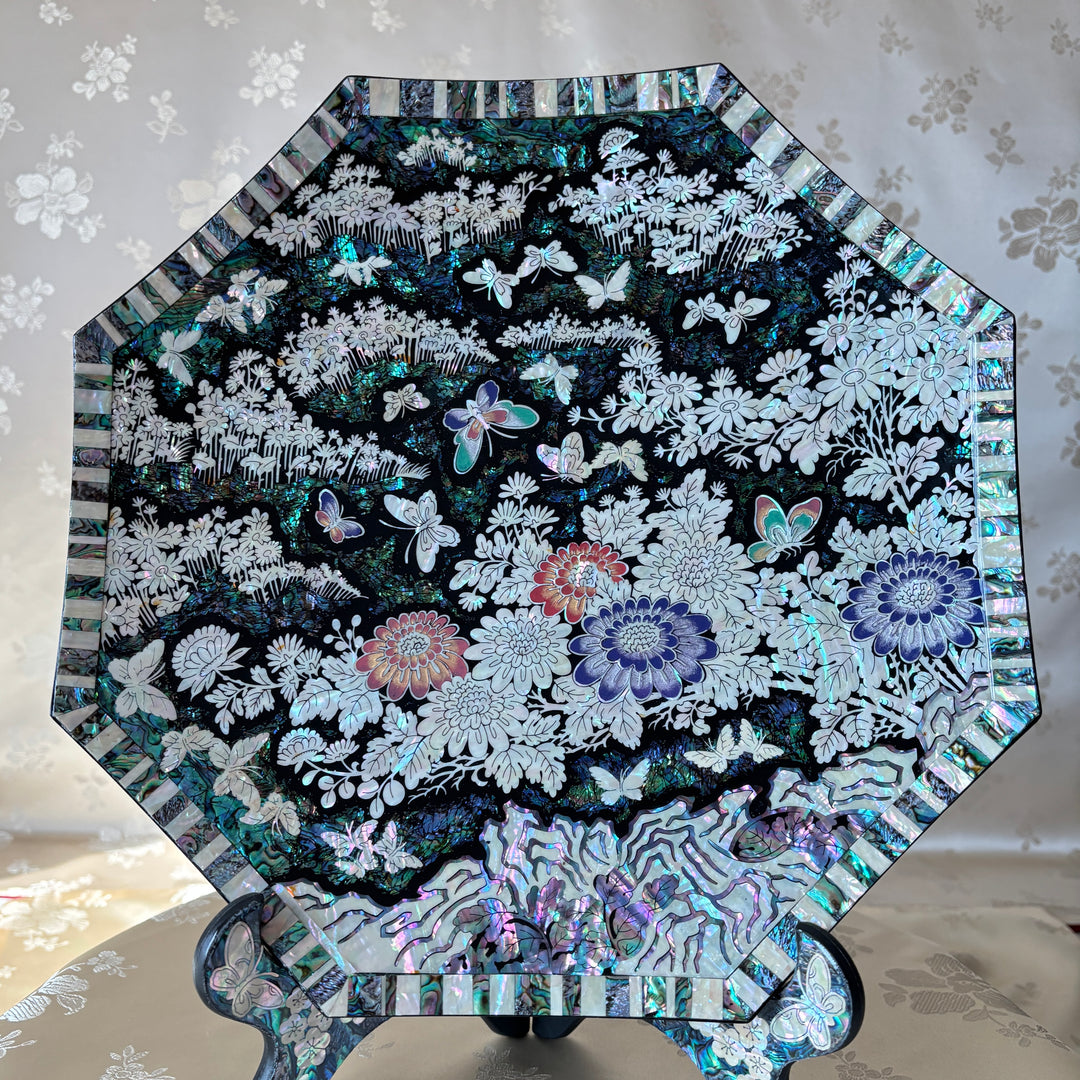 Mother of Pearl Octagonal Tray: Chrysanthemum and Butterfly on Abalone