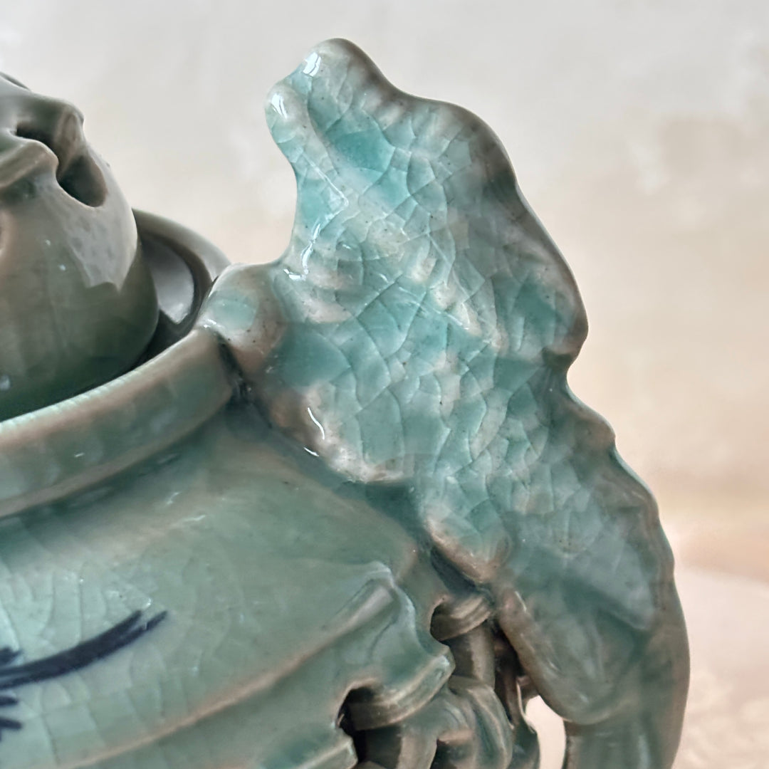 Celadon Incense Burner: Double-Wall Openwork with Inlaid Crane Motif and Dragon Handles