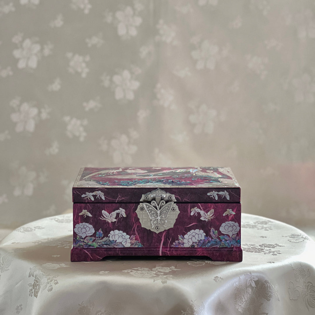 Mother of Pearl Jewelry Box: Peacock and Peony Motif on Deep Purple Hanji Body