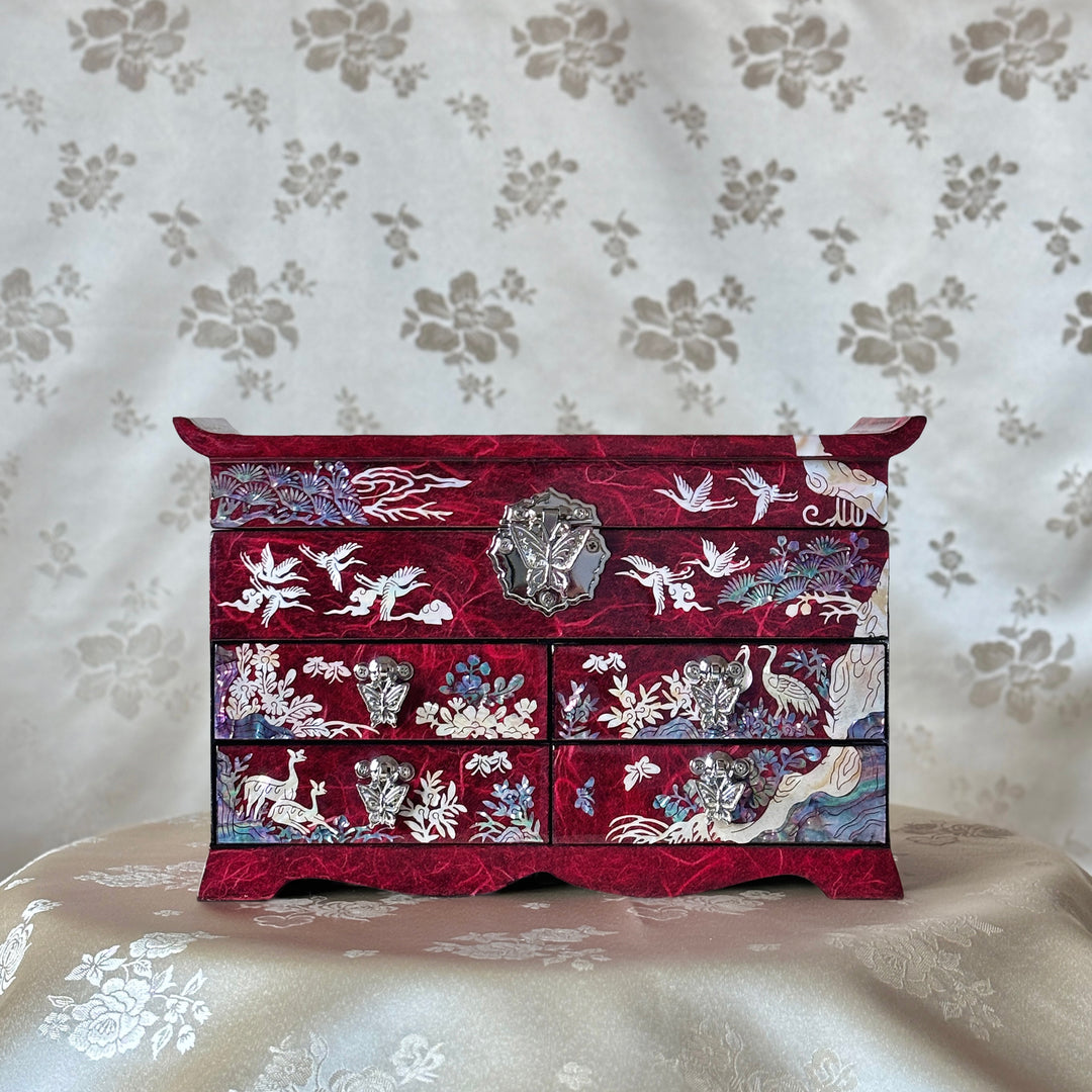 Mother-of-Pearl Jewelry Chest: Red Hanji Body with Crane-and-Pine Motif in Scholar’s Table Form