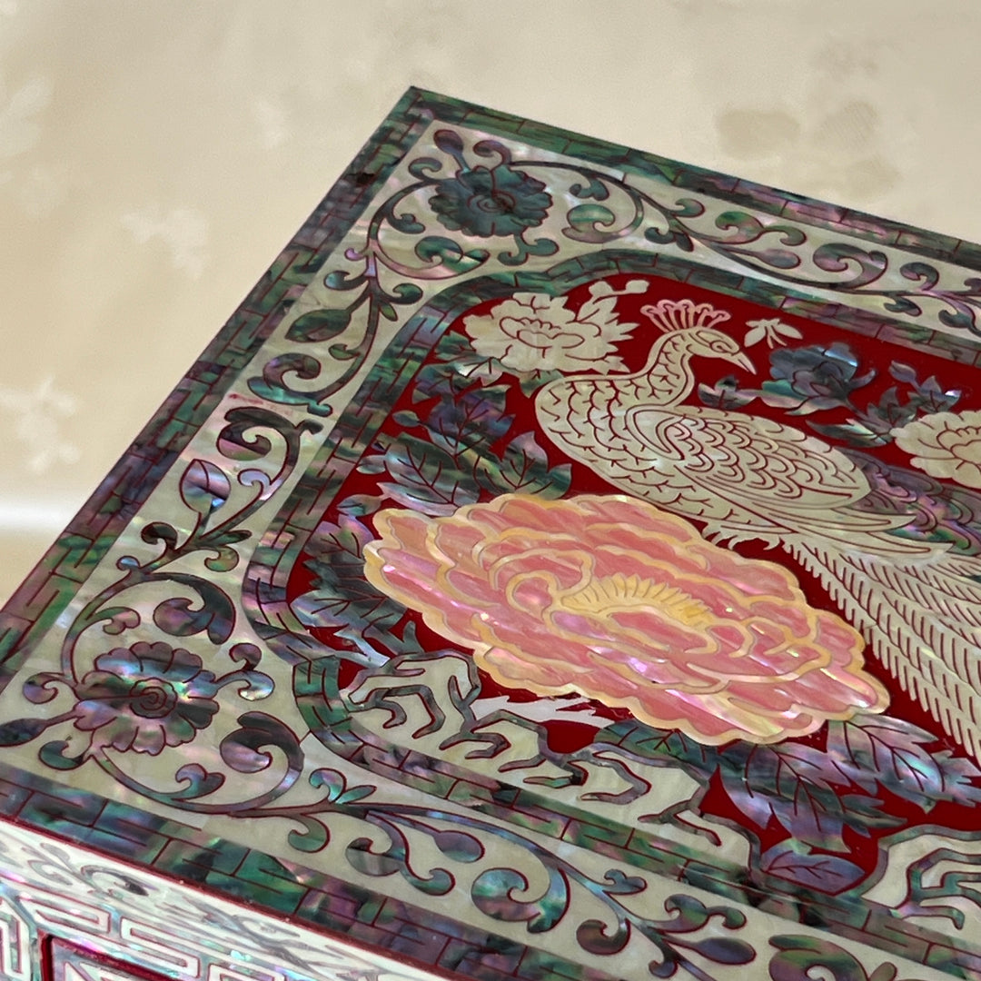 Mother-of-Pearl Double-Doored Jewelry Chest: Grand Scale, Longevity Motif on Red Ground