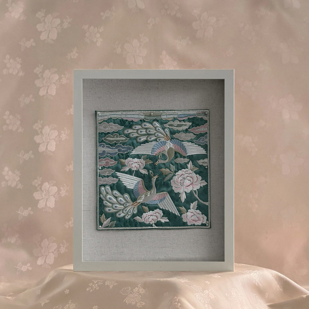 Embroidered Art Panel: Double Peacock and Peony Motif on Green Ground