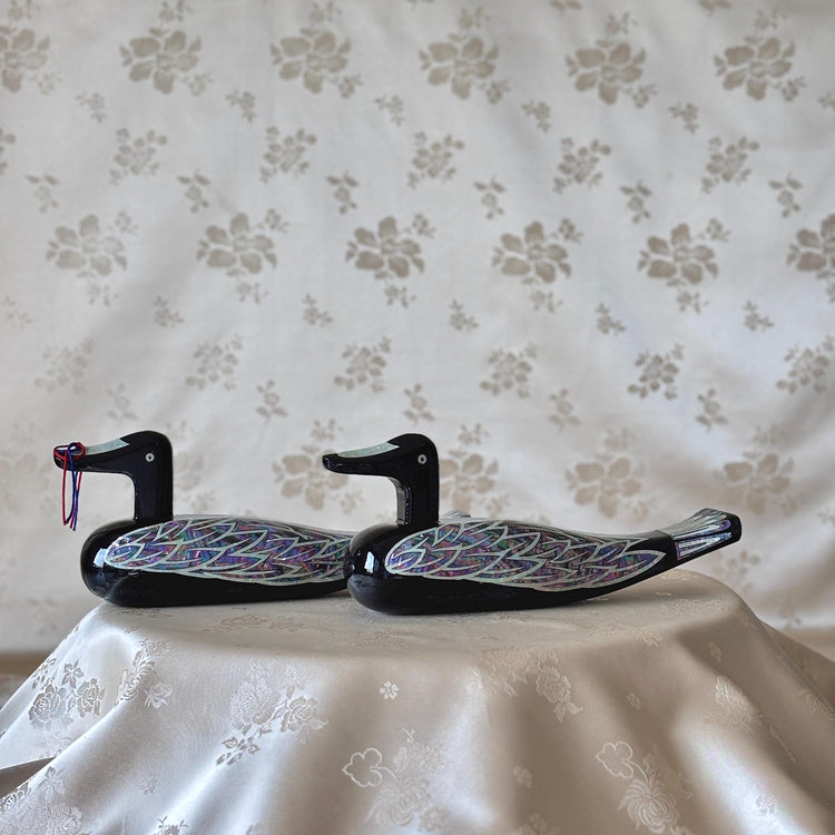 Large black lacquer Korean wedding duck pair with iridescent mother-of-pearl inlaid wings