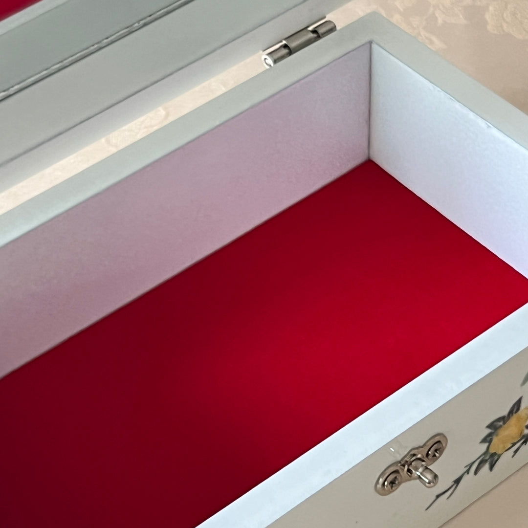 Mother-of-Pearl Jewelry Box: Peony and Bird Floral Motif on White Ground