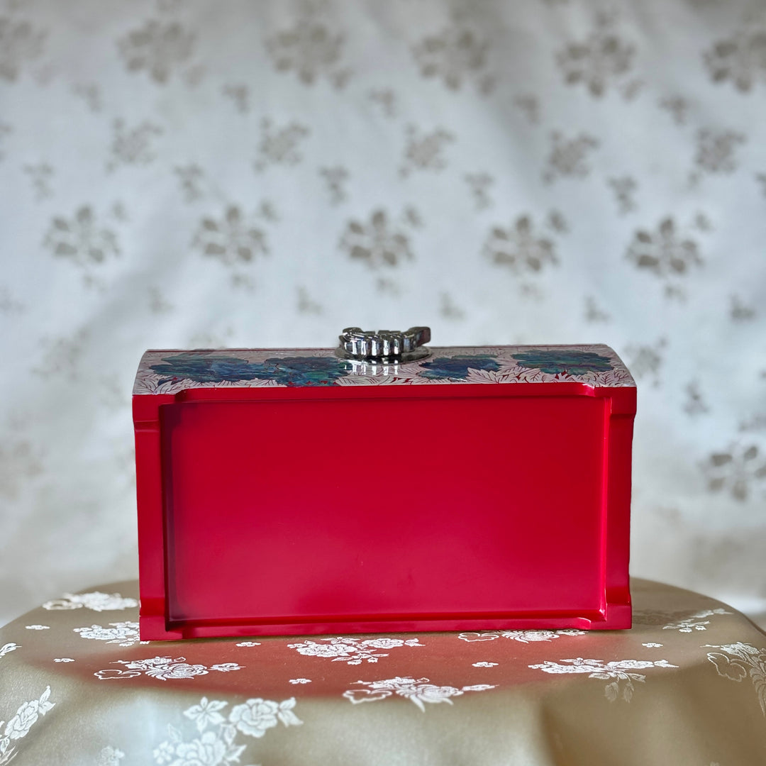 Mother of Pearl Jewelry Box: Butterfly and Peony Motif on Red Ground