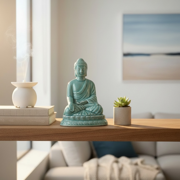 A small celadon Buddha statue sits on a wooden shelf in a softly lit living room, flanked by a white incense burner on books and a small potted succulent.