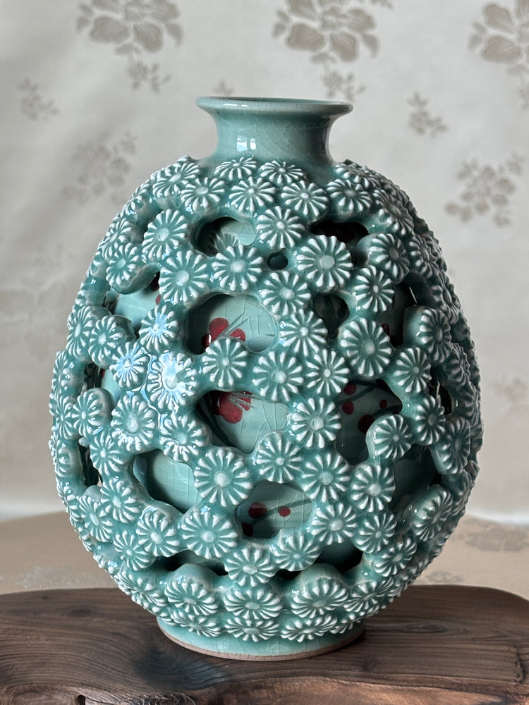 Celadon double wall vase with flowers pattern