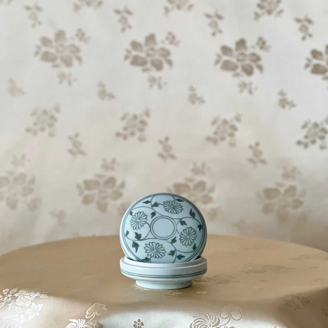 White Porcelain Covered Box: Inlaid Chrysanthemum and Scrolling Vine Motif by Master Artisan