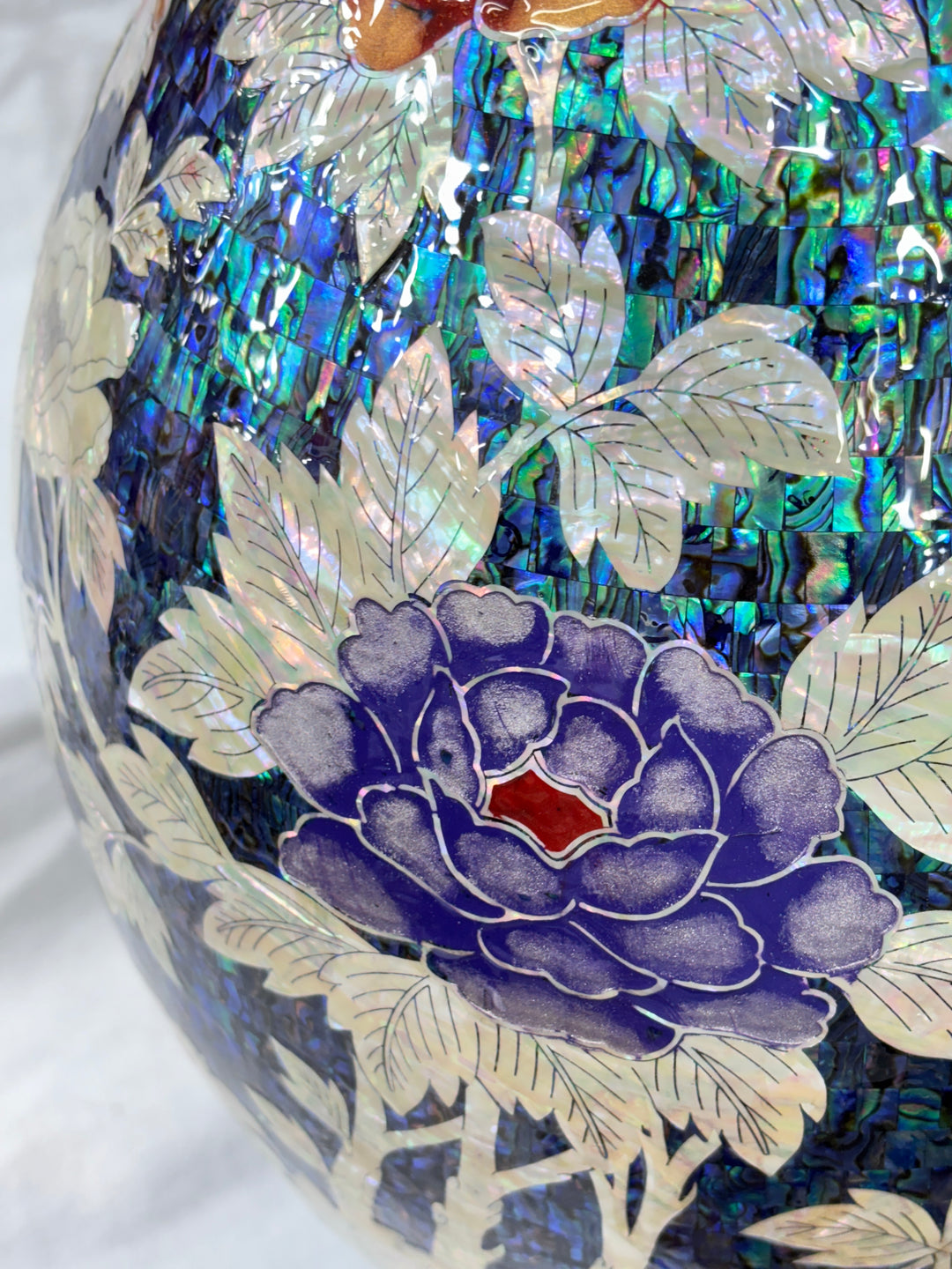 Mother-of-Pearl Ceramic Vase: Butterfly and Peony Motif on Deep Blue Abalone