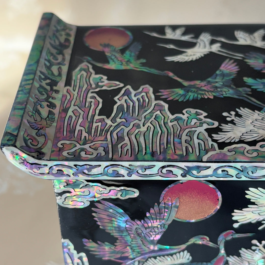Mother of Pearl Jewelry Chest Pair: Black Body with Pine and Crane Motif in Scholar’s Desk Form