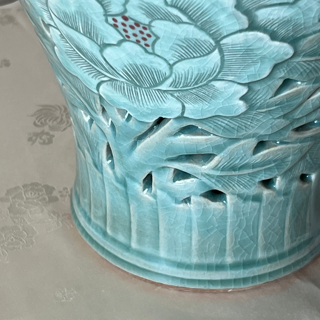 Celadon Double-Walled Openwork Vase: Sgraffito (Bakji) with Peony Motif